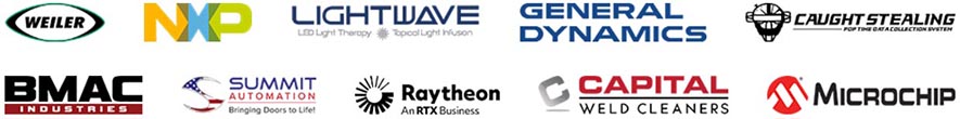Client logos including Weiler, NXP, Lightwave, General Dynamics, Raytheon, and other engineering and manufacturing companies